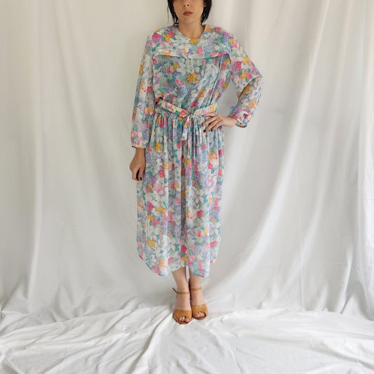 70s/80s Blue, Pink, and Orange Floral Midi Dresa