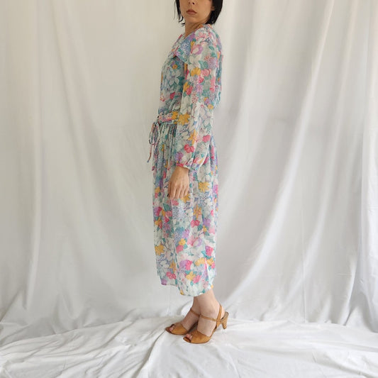 70s/80s Blue, Pink, and Orange Floral Midi Dresa