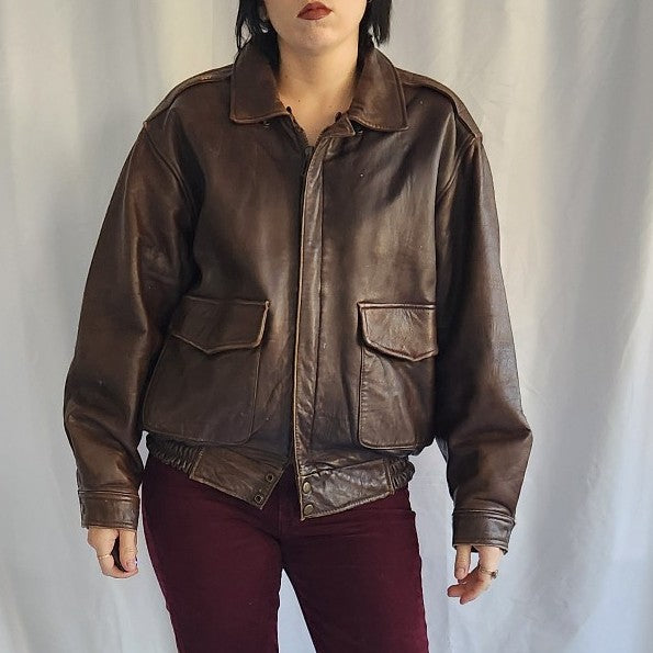 80s Brown Leather Bomber Jacket