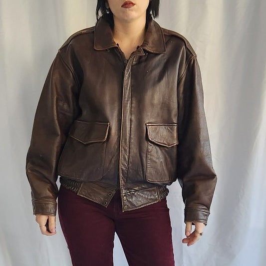 80s Brown Leather Bomber Jacket