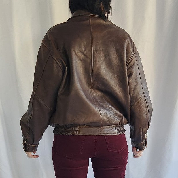 80s Brown Leather Bomber Jacket