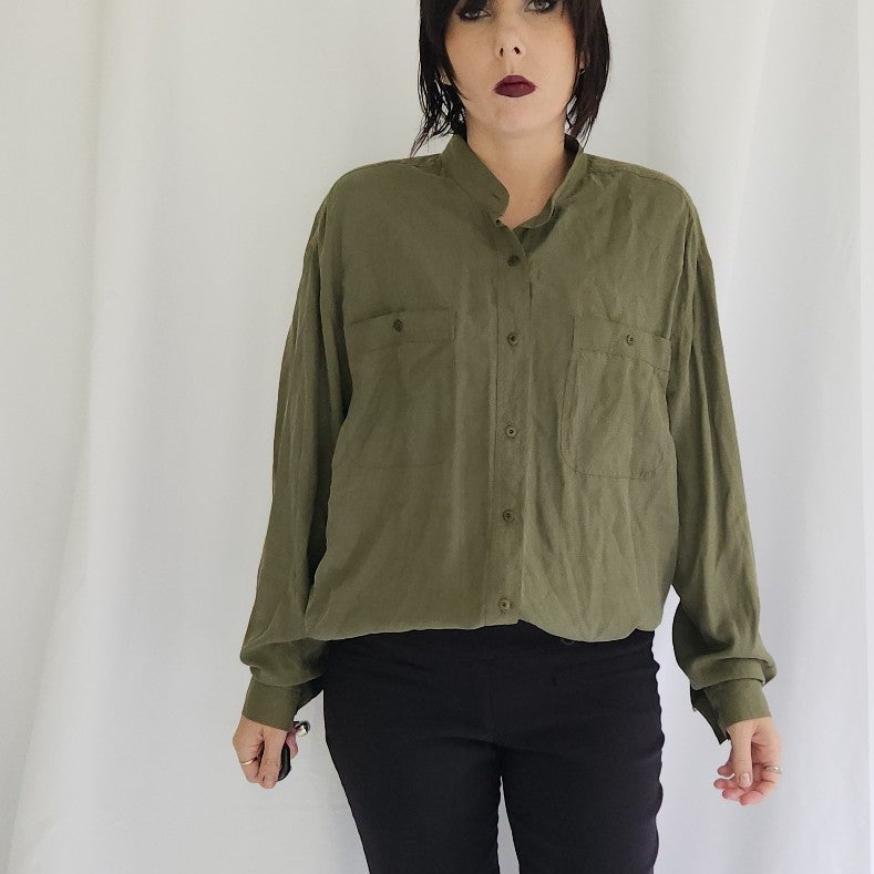 90s Hunt Club Green Silk Button Down