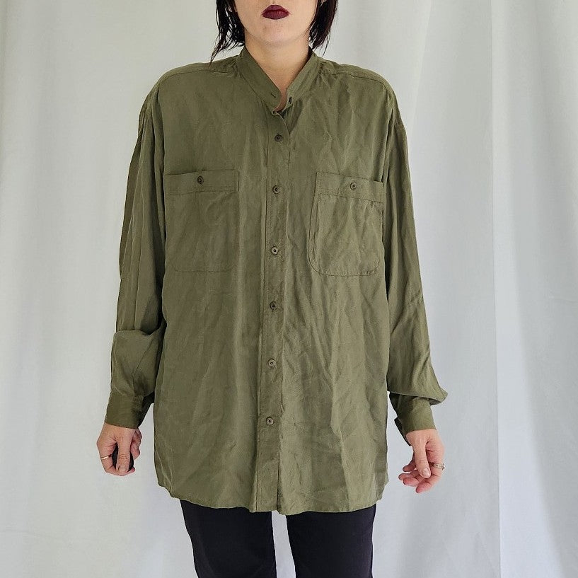 90s Hunt Club Green Silk Button Down