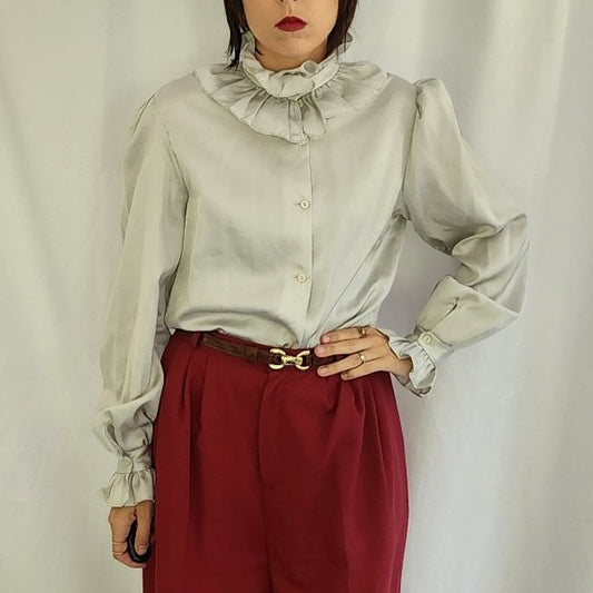 80s Silver Satin Frilly Bouse