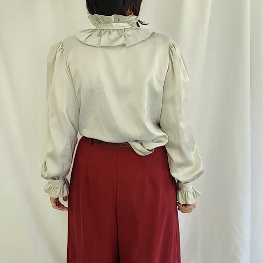 80s Silver Satin Frilly Bouse