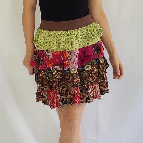 00s Green, Pink, and Brown Tiered Skirt