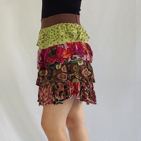 00s Green, Pink, and Brown Tiered Skirt