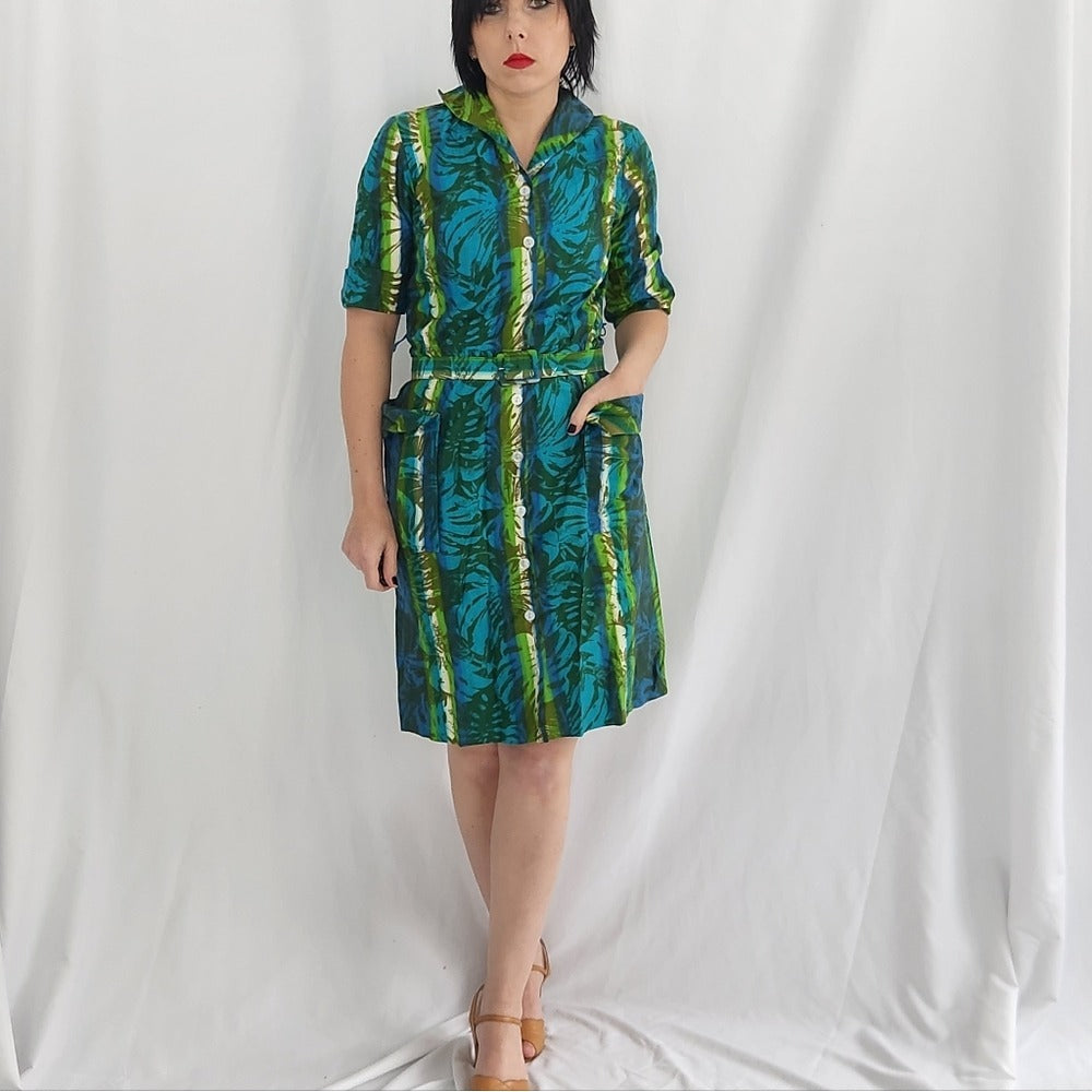 60s Blue and Green Funky Day Dress