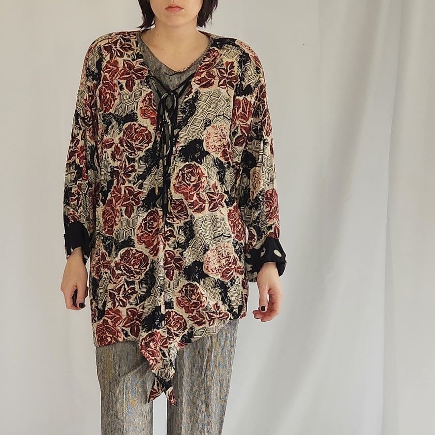 90s Floral and Stripes Rayon Layered Top