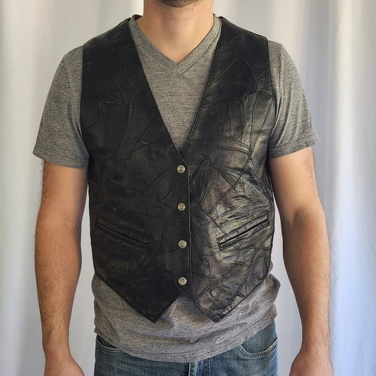 90s Black Leather Patchwork Vest