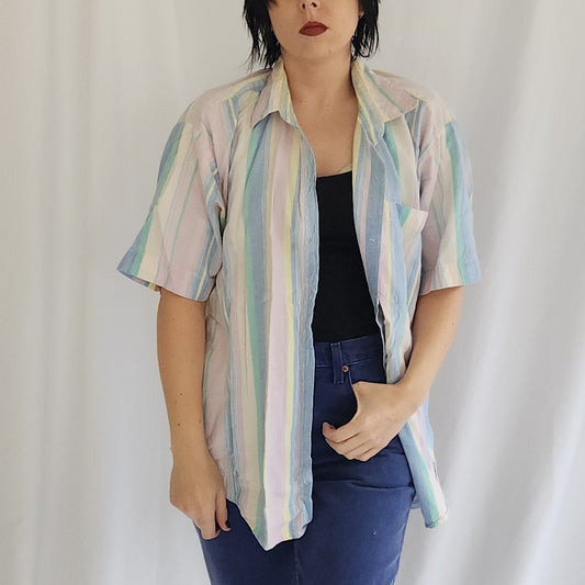 90s Pastel Striped 100% Cotton Button Down