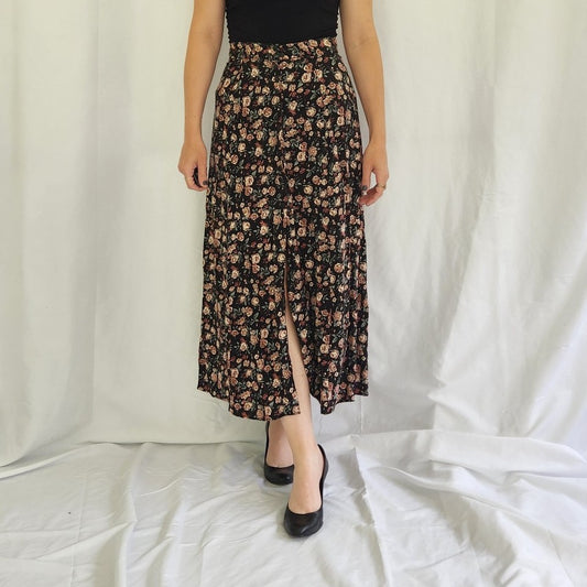 90s Dark Floral Button Down Midi Skirt