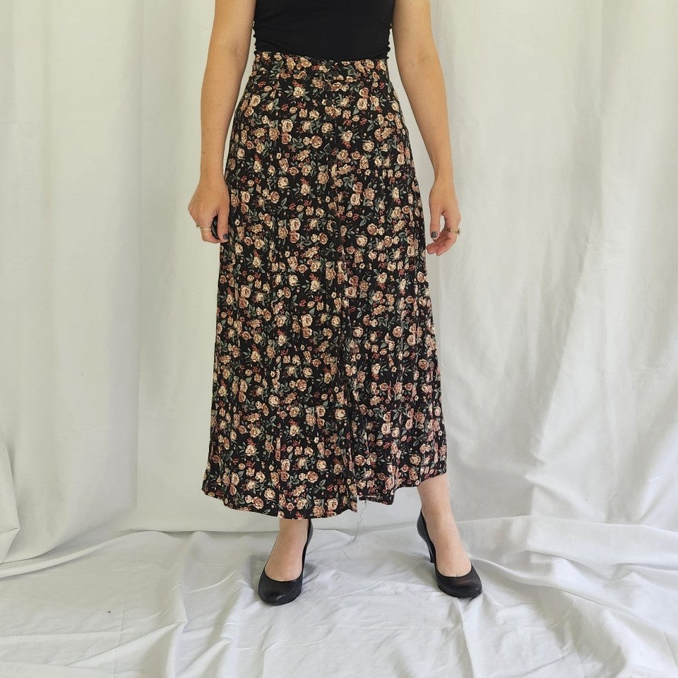 90s Dark Floral Button Down Midi Skirt