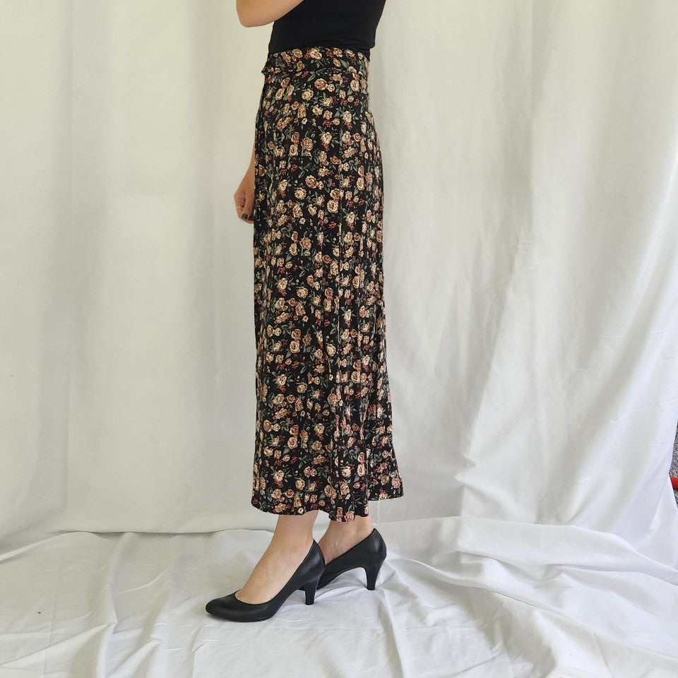 90s Dark Floral Button Down Midi Skirt