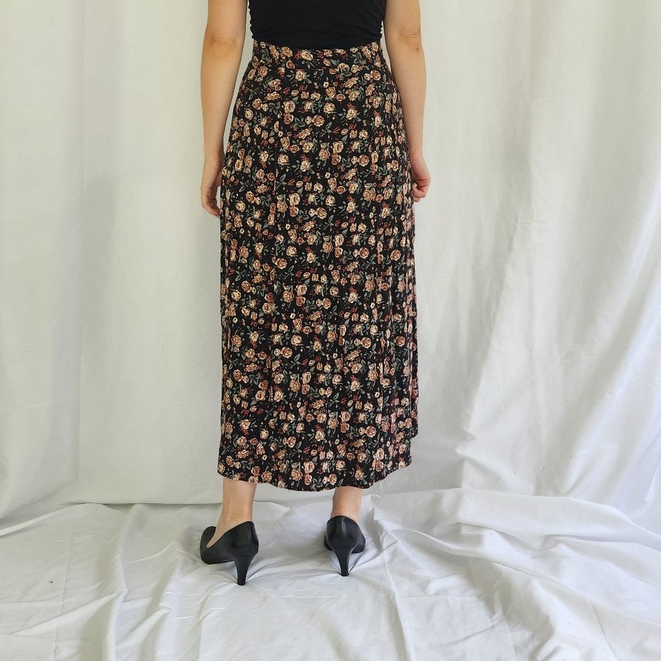90s Dark Floral Button Down Midi Skirt