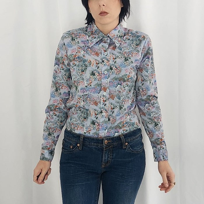70s Blue Floral Dagger Collar Shirt