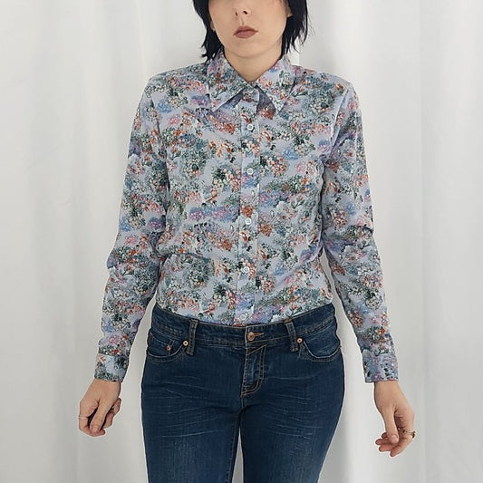 70s Blue Floral Dagger Collar Shirt