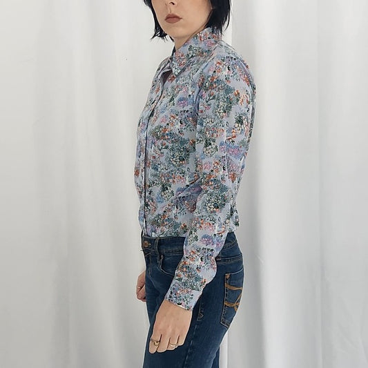 70s Blue Floral Dagger Collar Shirt