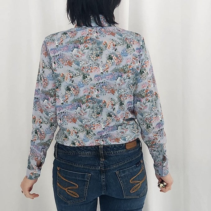 70s Blue Floral Dagger Collar Shirt
