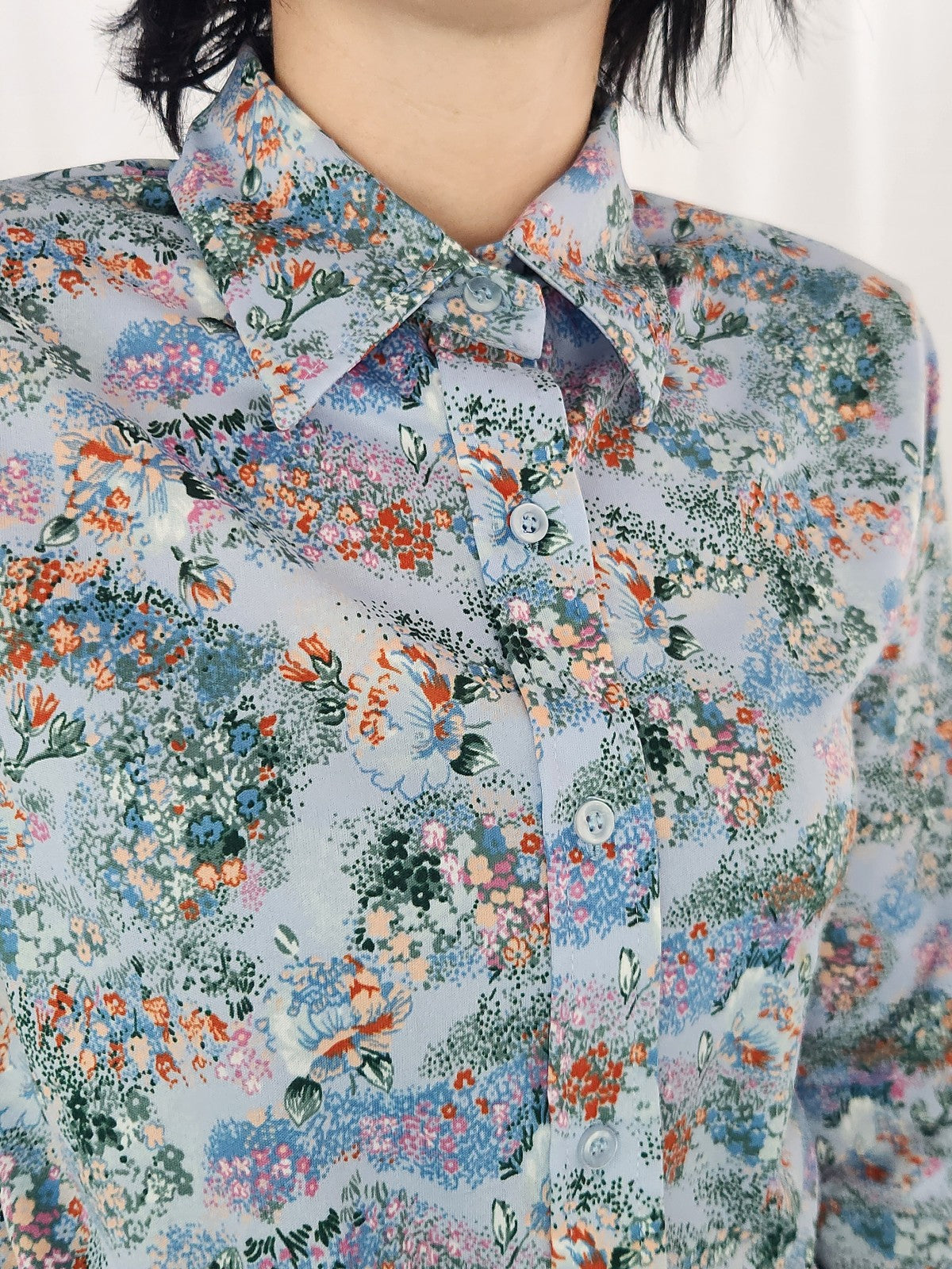 70s Blue Floral Dagger Collar Shirt