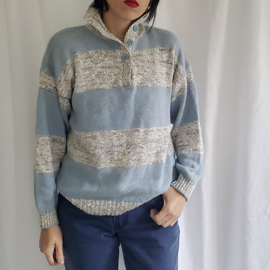 80s Blue and White Striped Collared Sweater