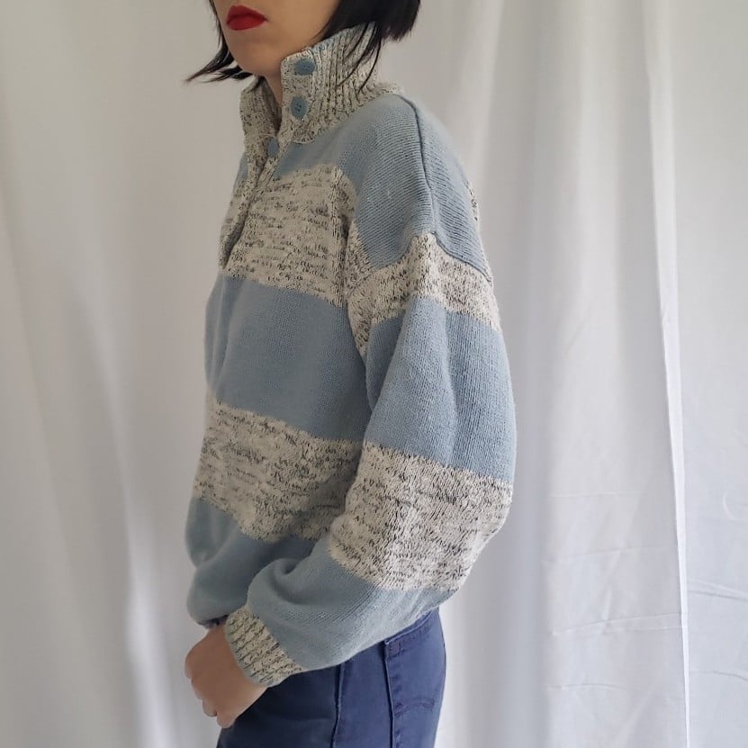 80s Blue and White Striped Collared Sweater