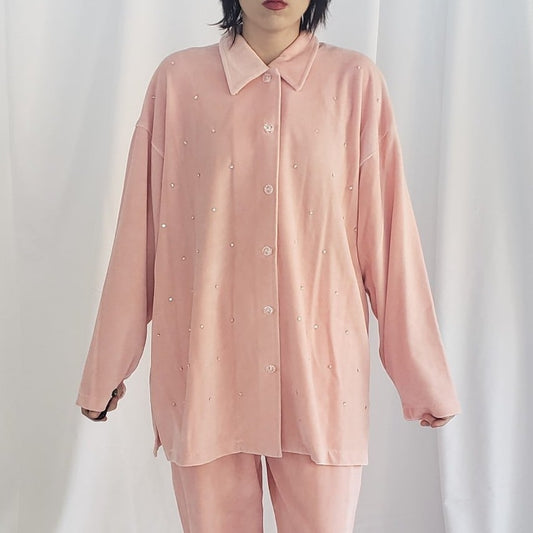 90s Pink Terrycloth Bedazzled Button Down Shirt