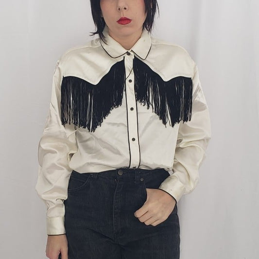 90s White and Black Fringe Satin Western Shirt