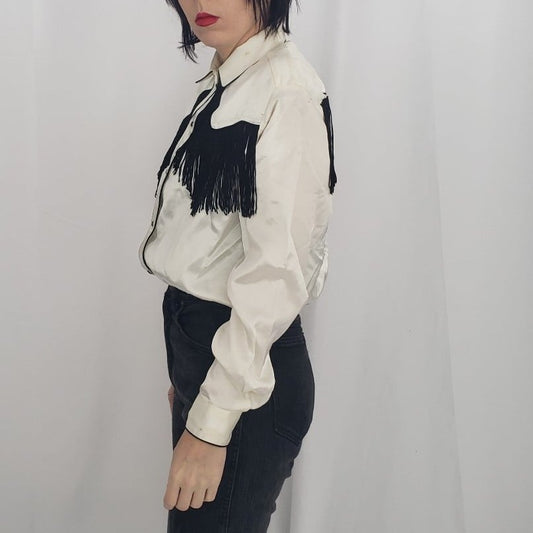 90s White and Black Fringe Satin Western Shirt