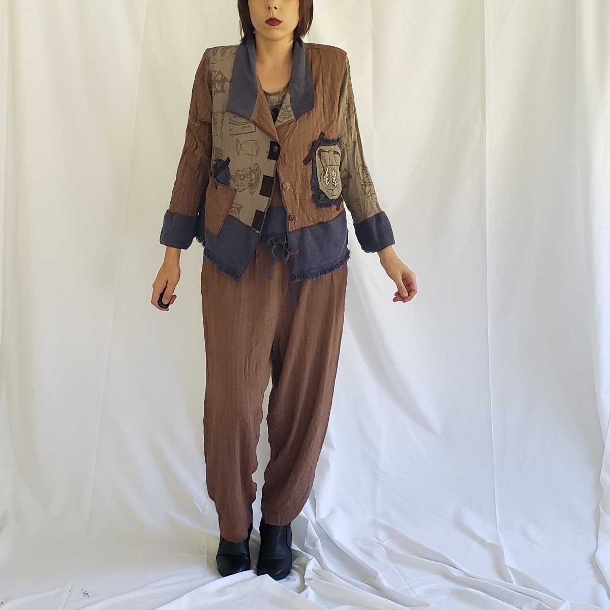 90s Brown and Blue Whimsigoth Rayon Pants and Top Set