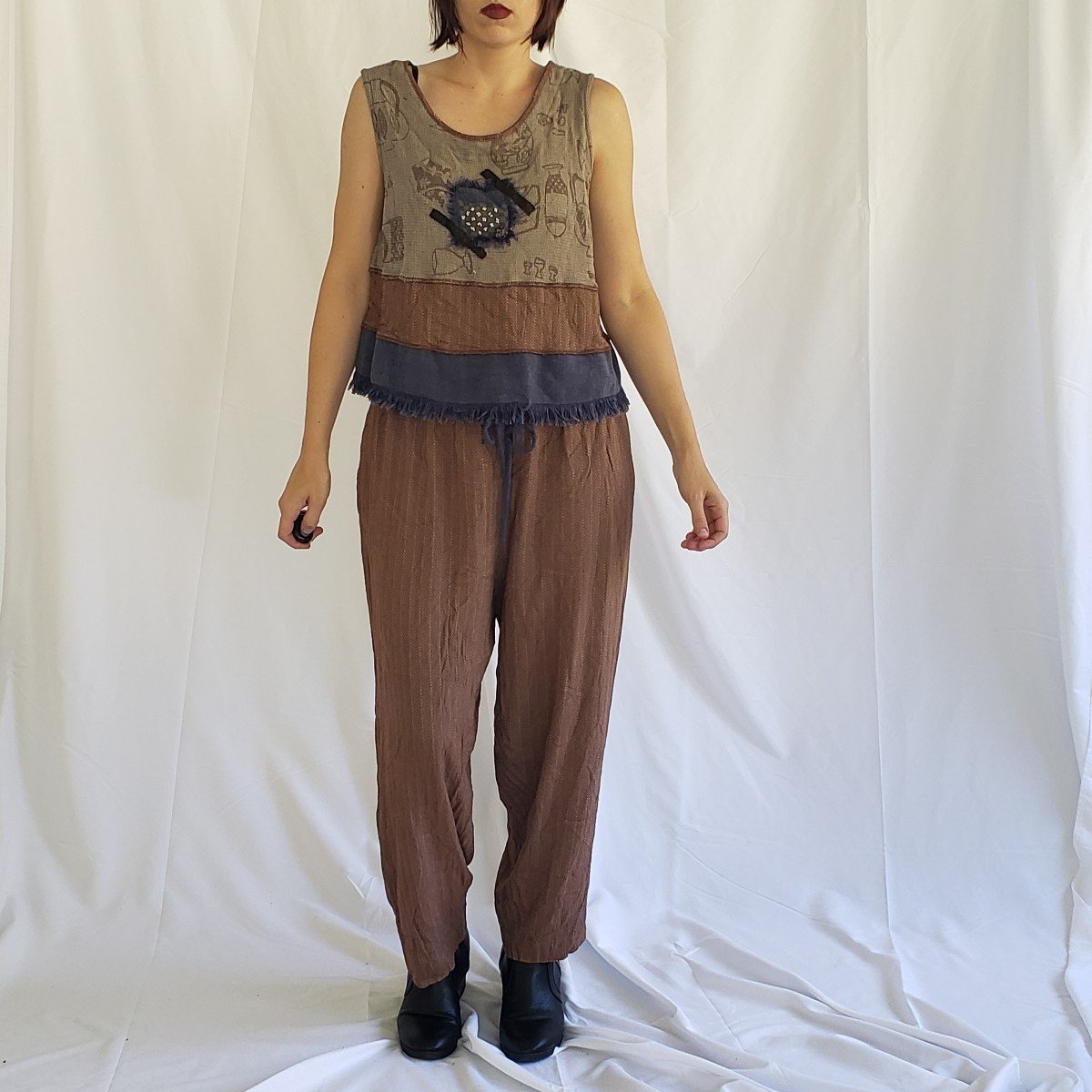 90s Brown and Blue Whimsigoth Rayon Pants and Top Set