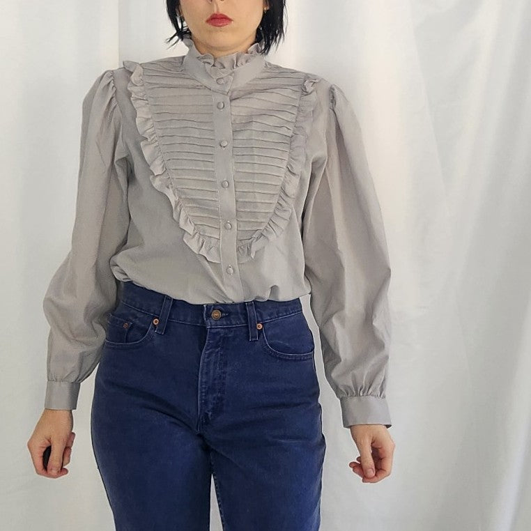80s Gray Bibbed Blouse