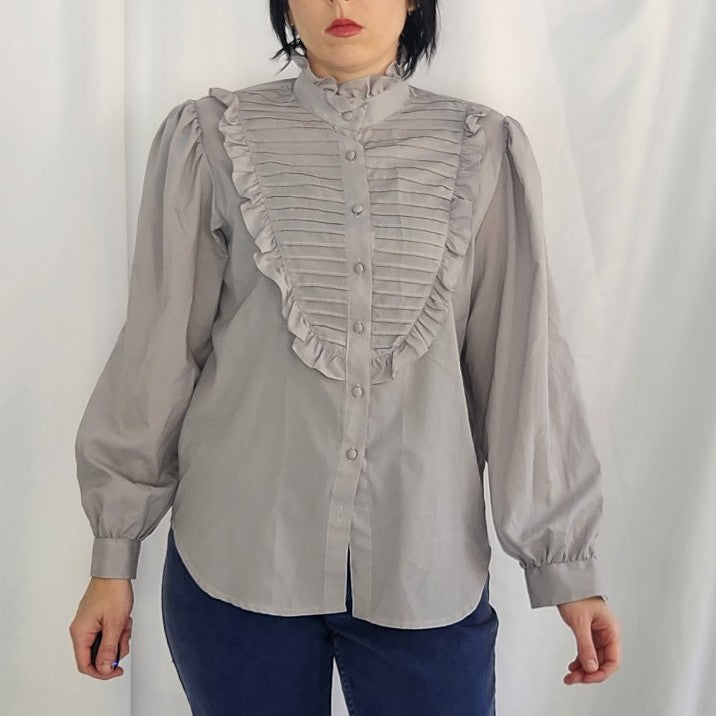 80s Gray Bibbed Blouse