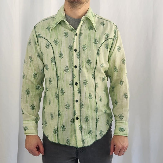 70s Green Floral Dagger Collar Shirt