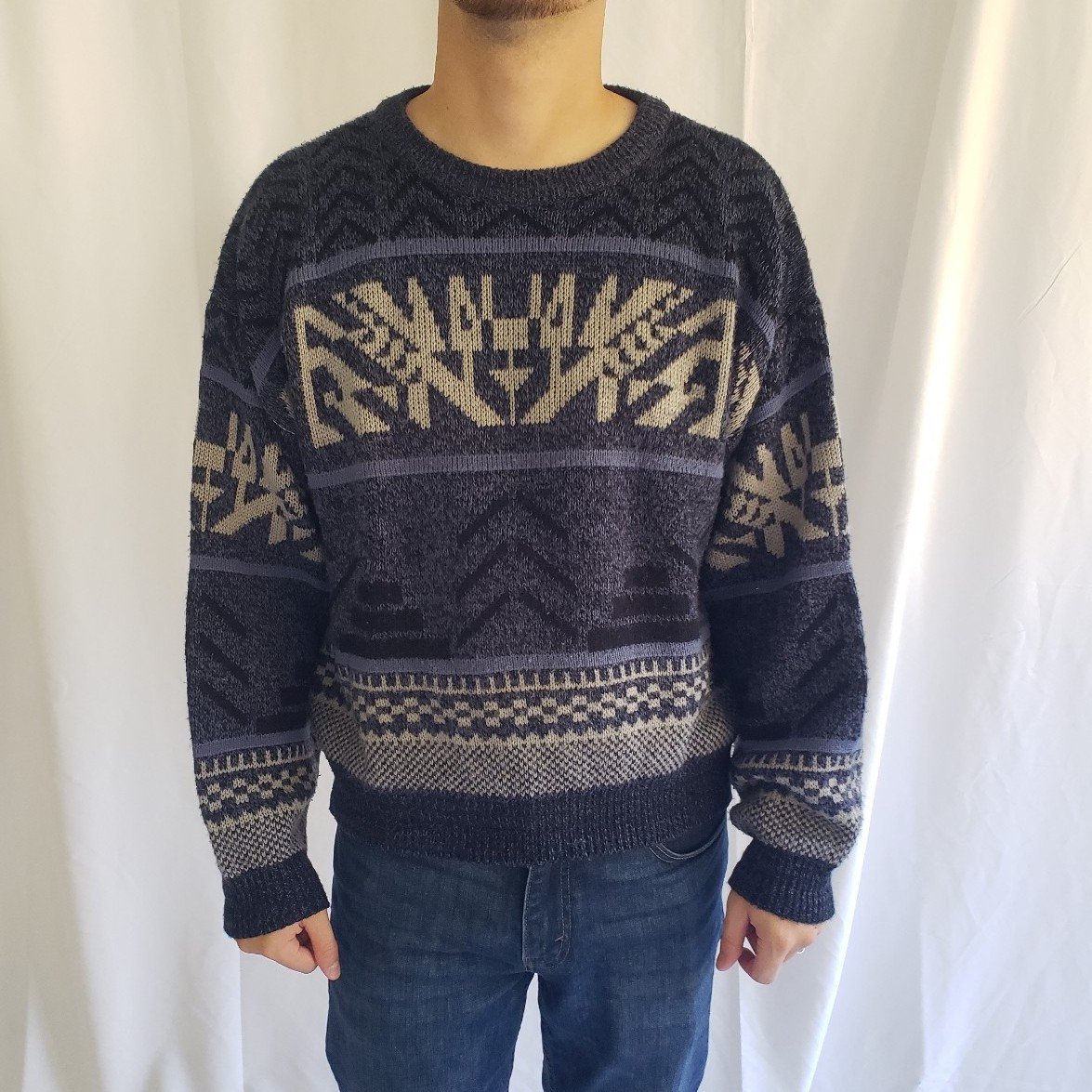 80s/90s Blue and Gray Geometric Sweater