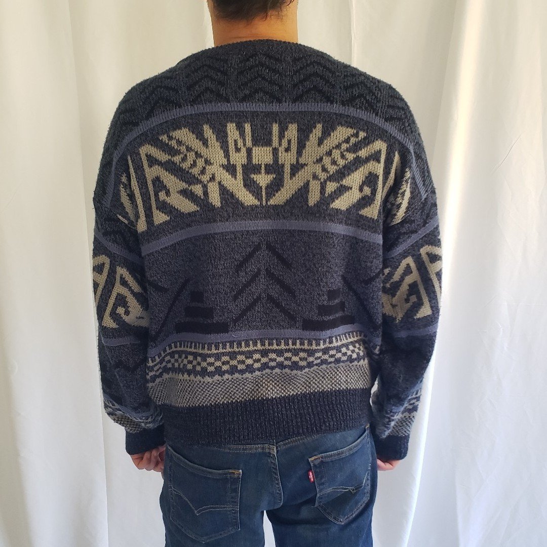 80s/90s Blue and Gray Geometric Sweater