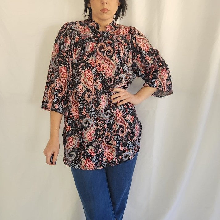 70s Black and Pink Rose and Paisley Print Top