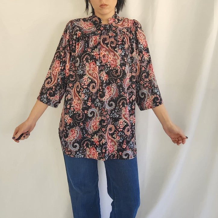 70s Black and Pink Rose and Paisley Print Top