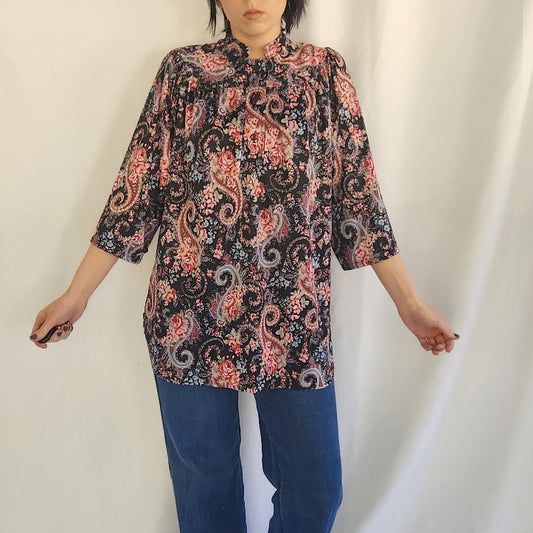 70s Black and Pink Rose and Paisley Print Top