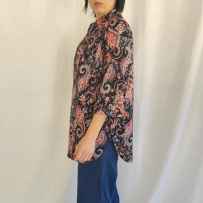 70s Black and Pink Rose and Paisley Print Top