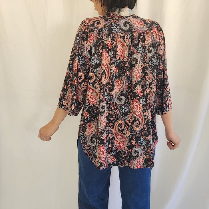 70s Black and Pink Rose and Paisley Print Top