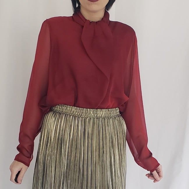 90s Deadstock Red Casual Corner Silk Blouse