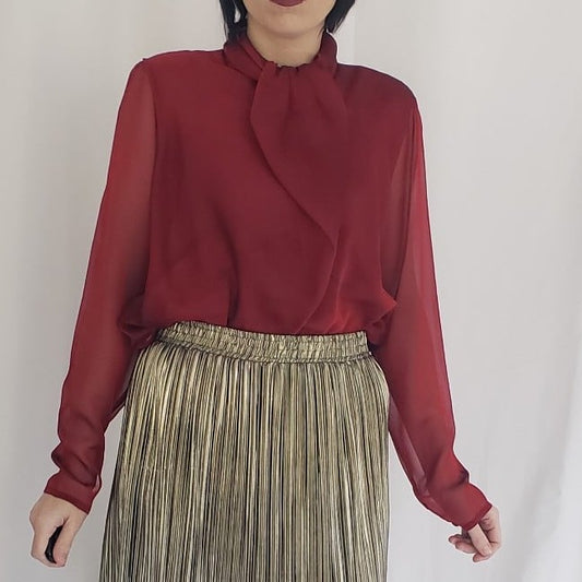 90s Deadstock Red Casual Corner Silk Blouse