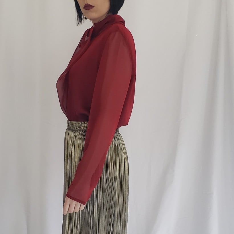 90s Deadstock Red Casual Corner Silk Blouse
