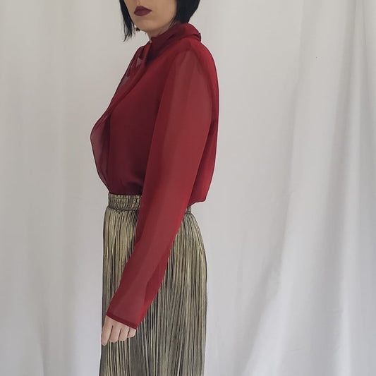 90s Deadstock Red Casual Corner Silk Blouse