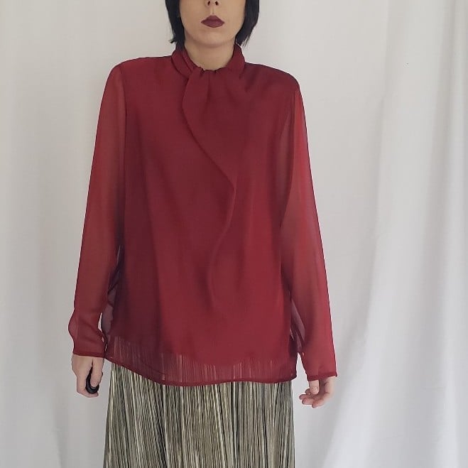 90s Deadstock Red Casual Corner Silk Blouse