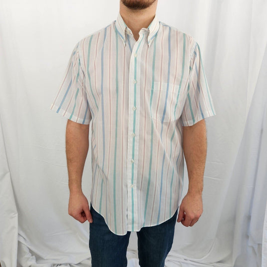 90s White, Blue, and Mauve Striped Short Sleeve Button Down