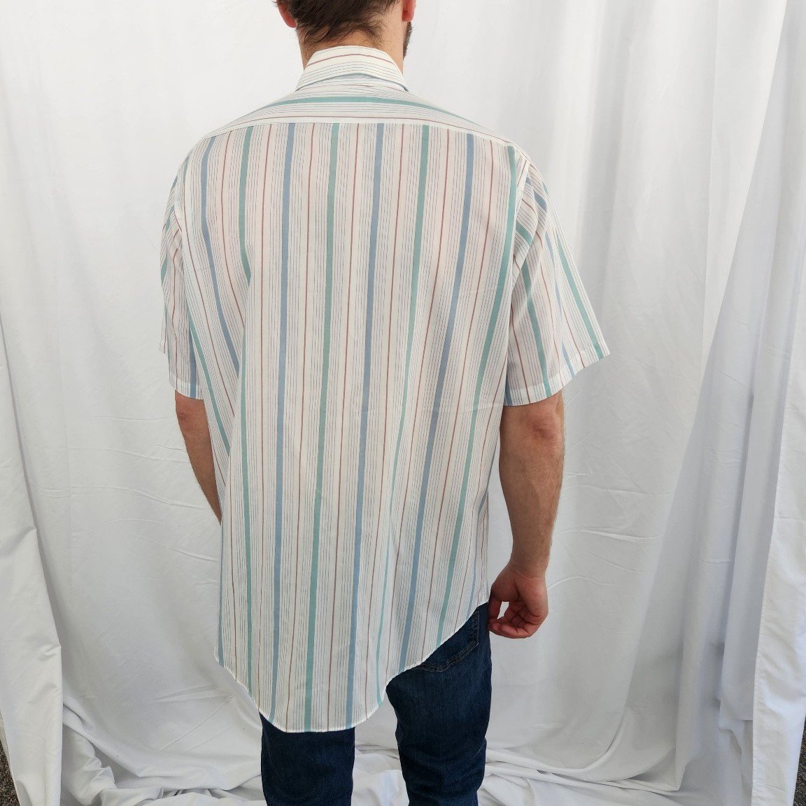 90s White, Blue, and Mauve Striped Short Sleeve Button Down