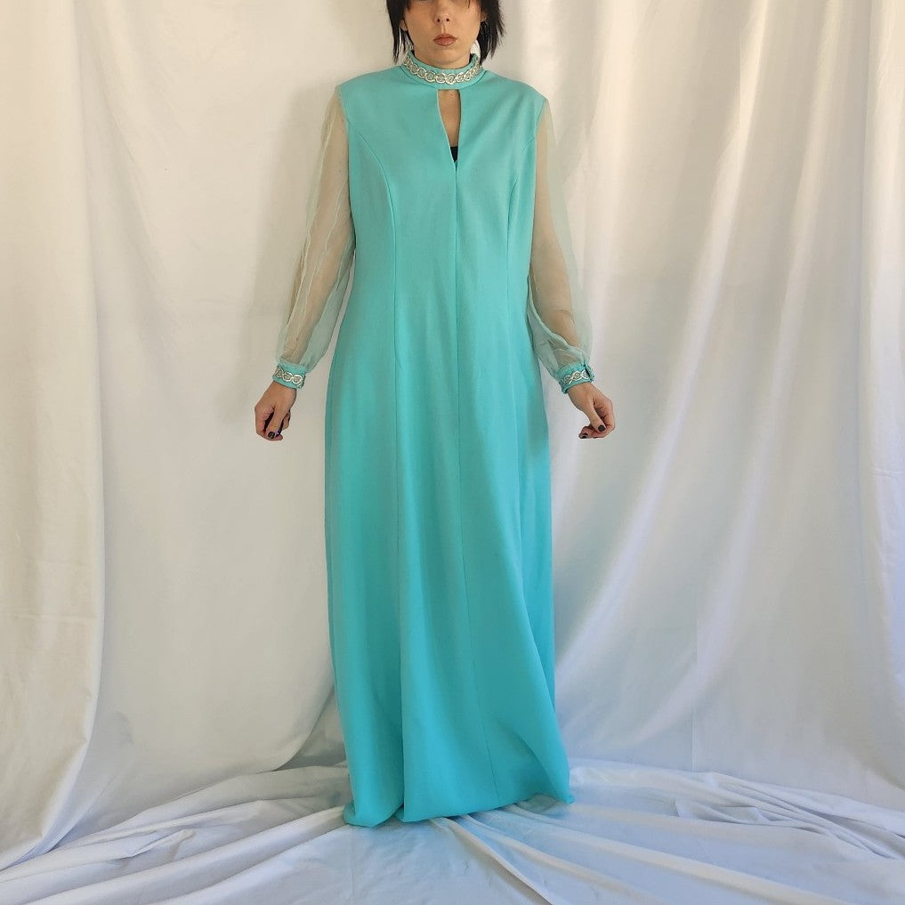 70s Blue Gown with Sheer Sleeves