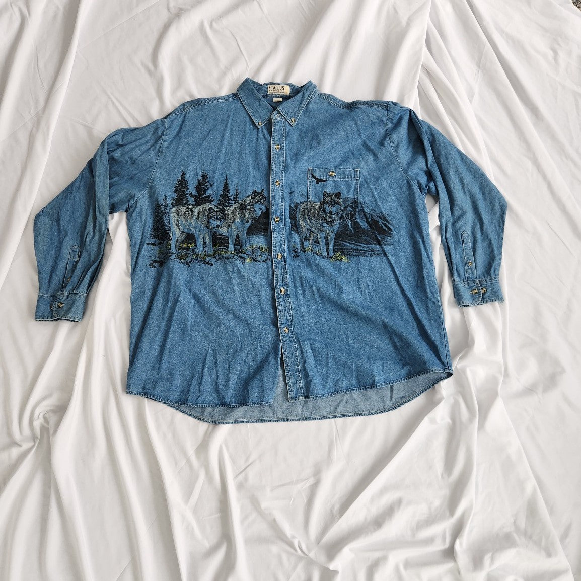 90s/Y2K AOP Denim Wolf Shirt